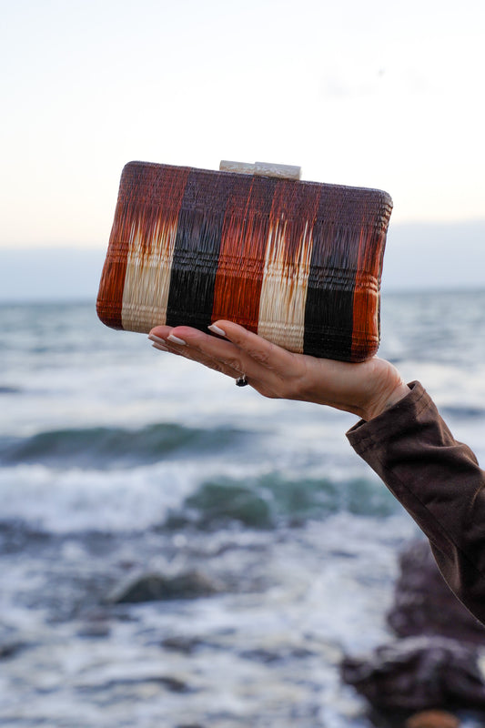 Clutch Bag (Buri Palm) - Orange, Black & Cream