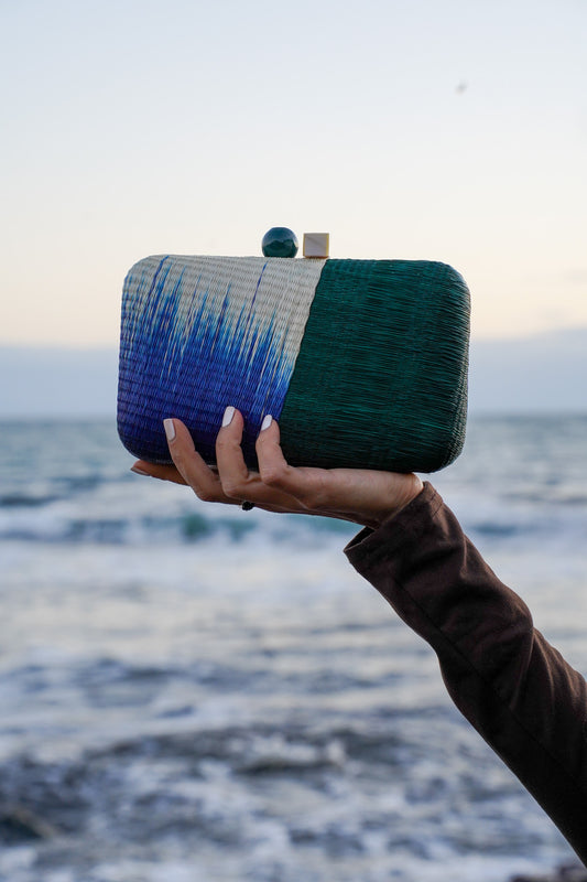 Clutch Bag (Buri Palm) - Green, Blue & Cream