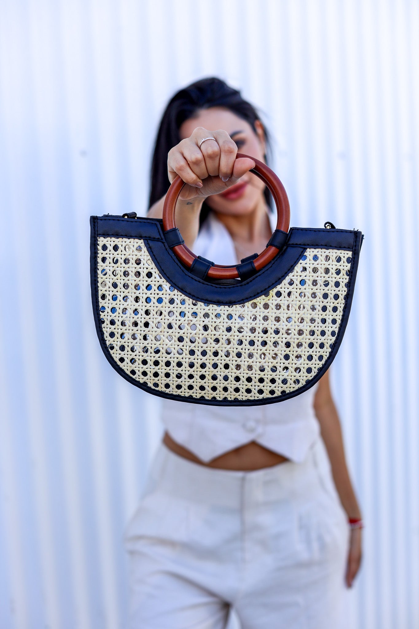 Amelia | Solihiya & Rattan Handbag (Black and Beige) | The Pino Collection
