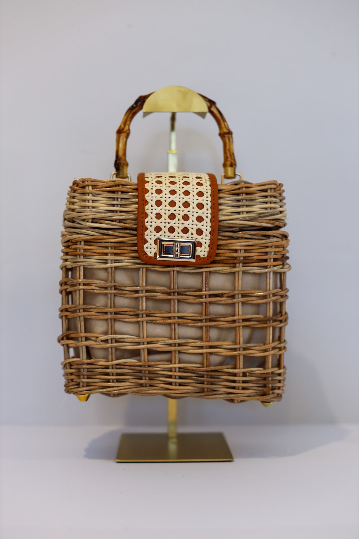 Maria | Rattan Handbag (Brown, Caramel & Gold) | The Pino Collection