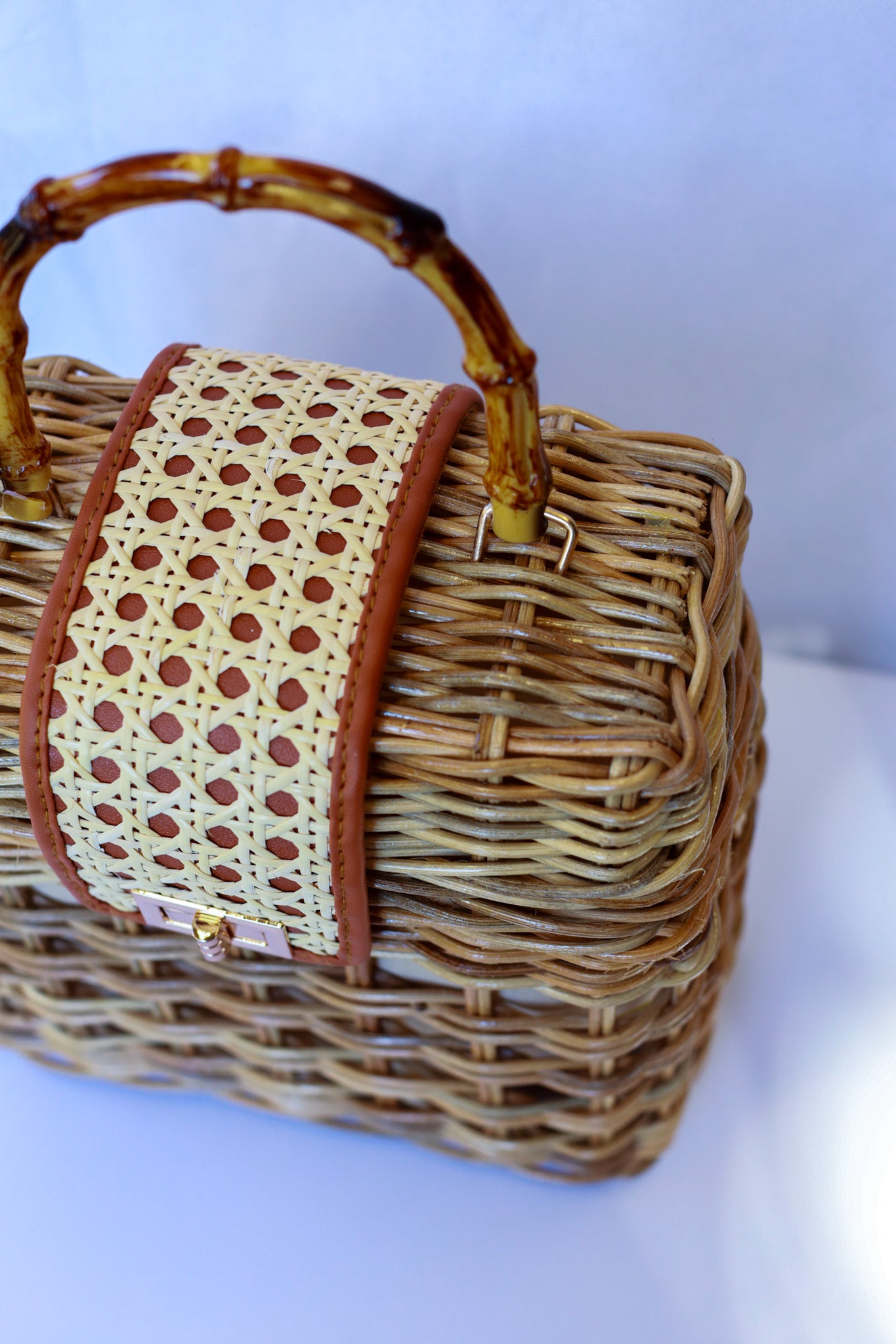 Maria | Rattan Handbag (Brown, Caramel & Gold) | The Pino Collection
