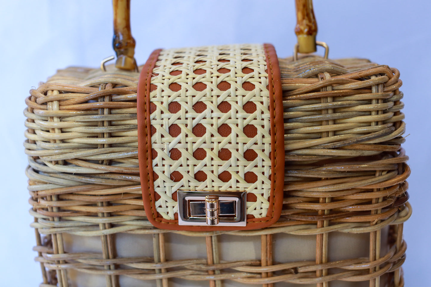 Maria | Rattan Handbag (Brown, Caramel & Gold) | The Pino Collection