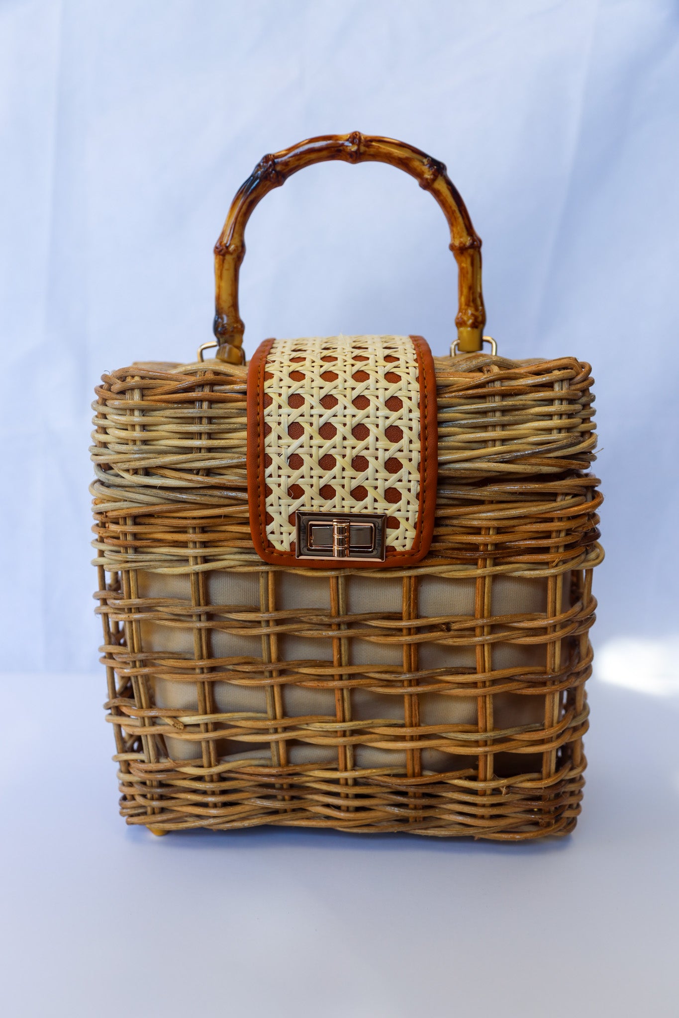 Rattan Handbag (Brown, Caramel & Gold) | The Pino Collection